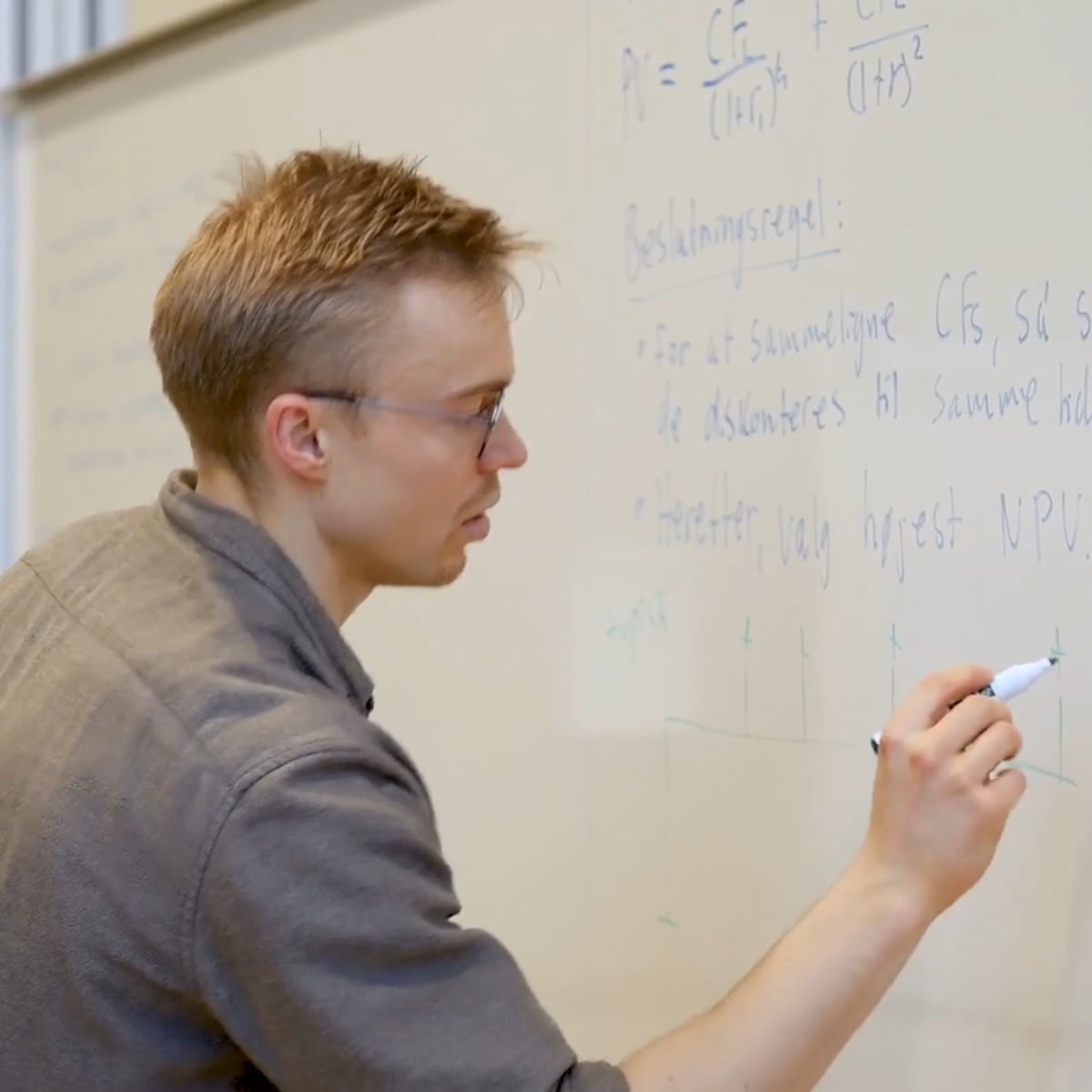 Kim writing on the whiteboard during a lecture