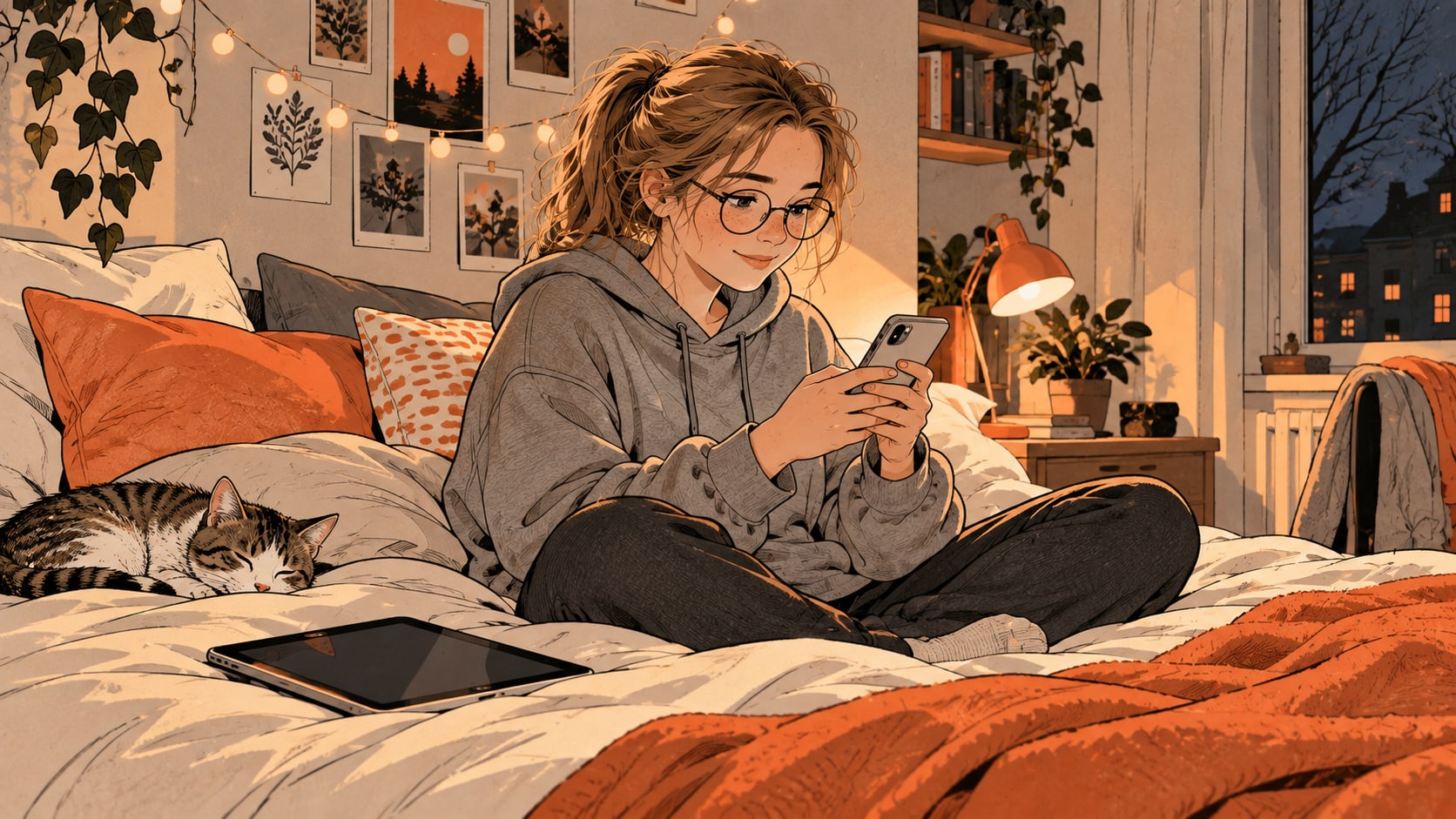 Isabella putting the tablet away and texting a friend