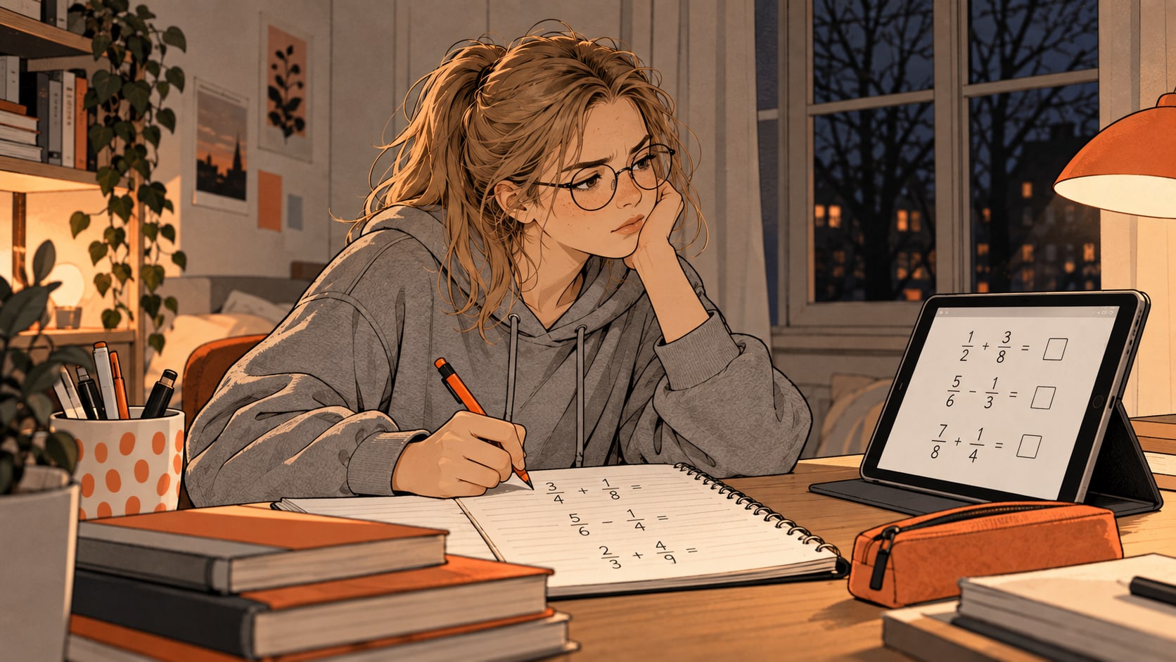 Isabella practicing fractions in the evening
