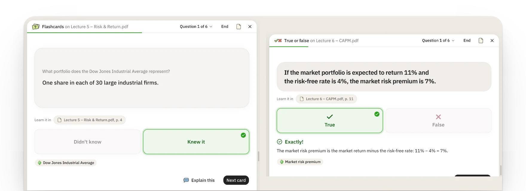 Flashcards and true/false questions in alice labs